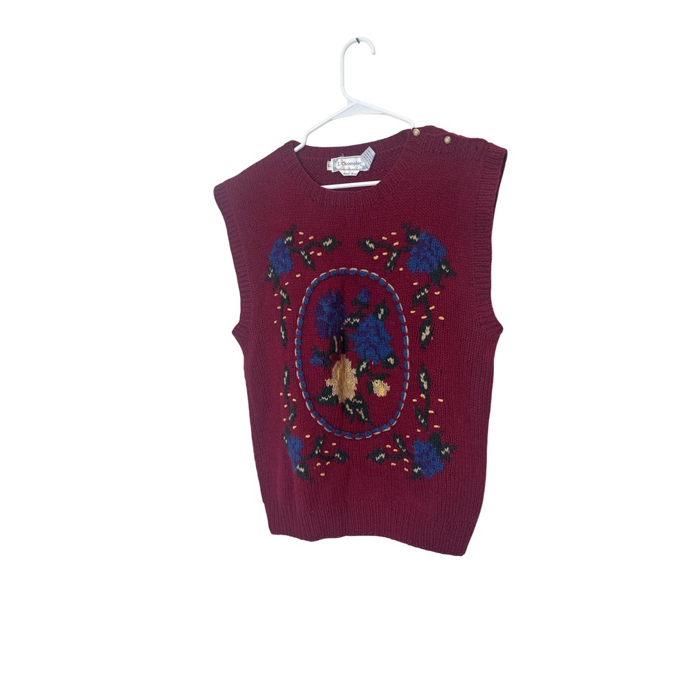 J. Christopher Sweater Vest Womens Medium Red Shetland Wool Floral Knit Pullover